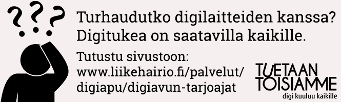 Henkilö jolla on kysymysmerkkejä pään päällä. Teksti kertoo että digitukea on saatavilla kaikille.