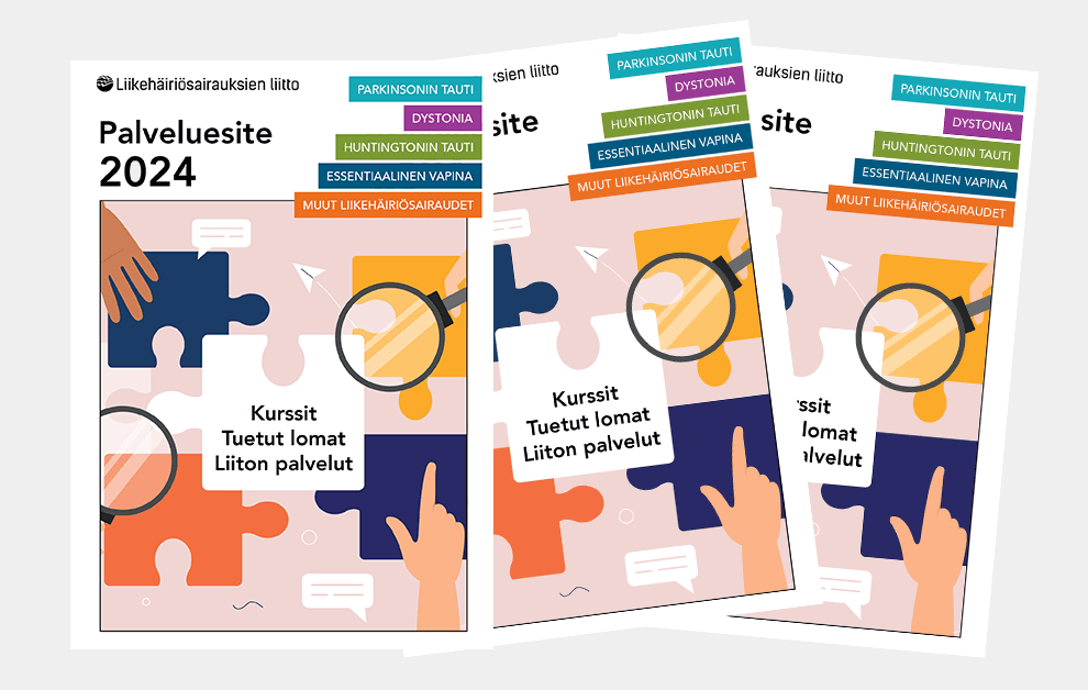 Kolme esitteen kantta aseteltuna limittäin ja lomittain. Esitteen kannessa on palapelin paloja, joissa yhdessä lukee kurssit, tuetut lomat ja liiton palvelut. Esite on otsikoitu palveluesite 2024.