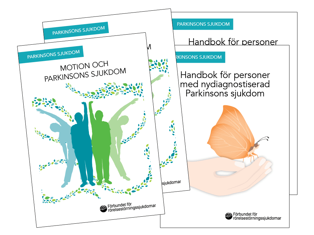 Opaslehtisten kannet ovat osittain limittäin. Toisen kannessa on ruotsinkielinen teksti Motion och Parkinsons sjukdom ja toisen kannessa Handbok för nydiagnostiserad Parkinsons sjukdom.